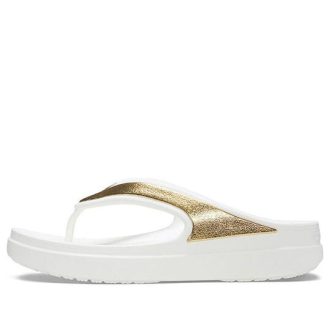 Pantuflas Crocs de suela gruesa para mujer, color blanco y dorado, 206919-100