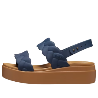 Sandalias de cuña tejidas Crocs Brooklyn para mujer, color azul y marrón, 209977-410