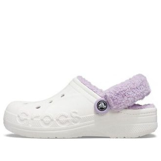 Zueco Crocs Classic Baya con forro de felpa y tiras, color blanco lila, 206633-577