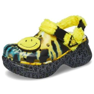 Zuecos clásicos Crocs para mujer, estilo deportivo, planos, con cara sonriente, color amarillo, 207271-90H