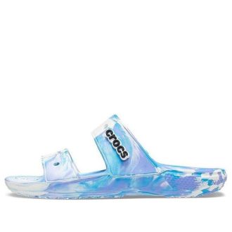 Zuecos Crocs Classic Marble Beach unisex, color blanco y azul, 207701-1FK