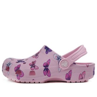 Zuecos Crocs (PS) Classic con estampado de mariposas, para exteriores, planos, deportivos, color rosa, 206414-6GD